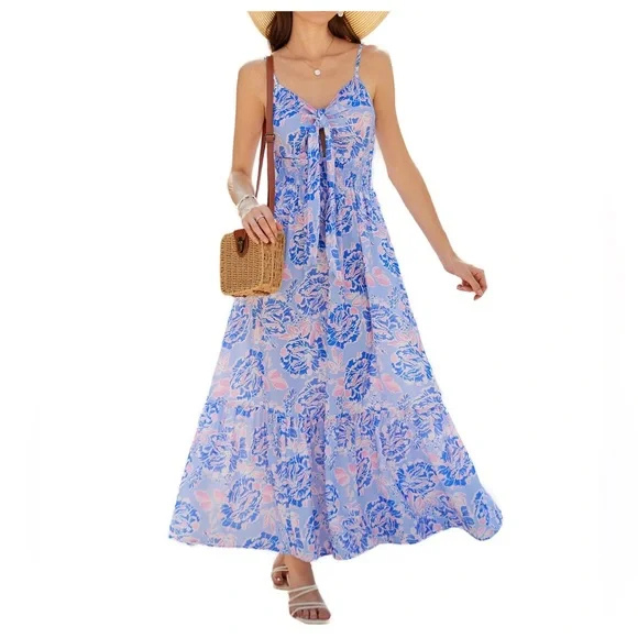 GRACE KARIN Summer Maxi Floral Tie Spaghetti Strap Boho Beach Flowy Sundress - Picture 2 of 16